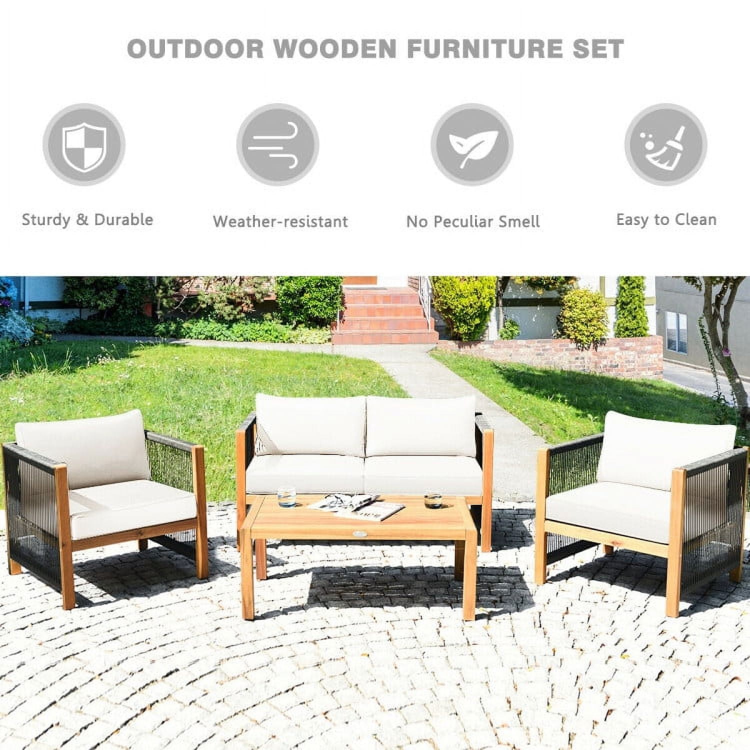 Aimee Lii 4 Pieces Acacia Wood Outdoor Patio Furniture Set with Cushions, Wooden Patio Furniture Set, White Aimee Lii 4 Pieces Acacia Wood Outdoor Patio Furniture Set with Cushions, Wooden Patio Furniture Set, White