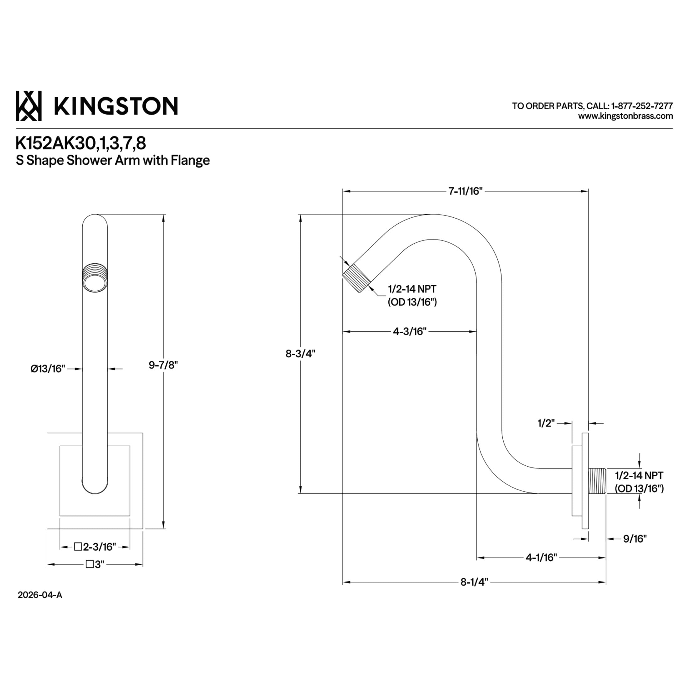 Kingston K152AK31 Claremont S-Shape Shower Arm with Square Flange, Polished Chrome