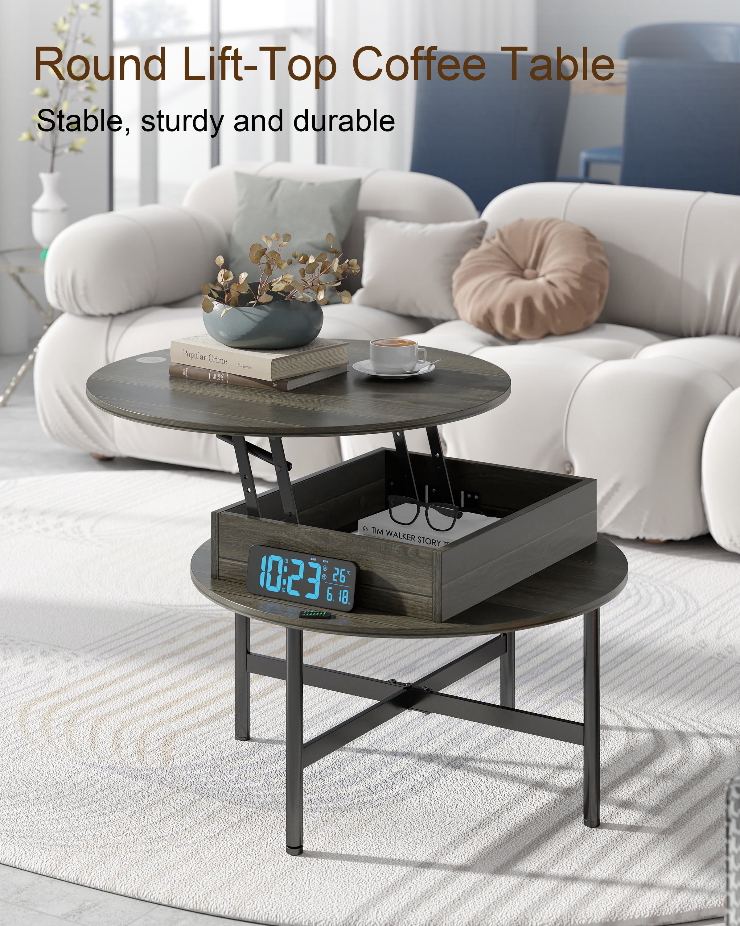 Manxile Round Lift Top Coffee Table, Center Tables with Hidden Storage Compartment for Living Room/Home Office, Charcoal Gray