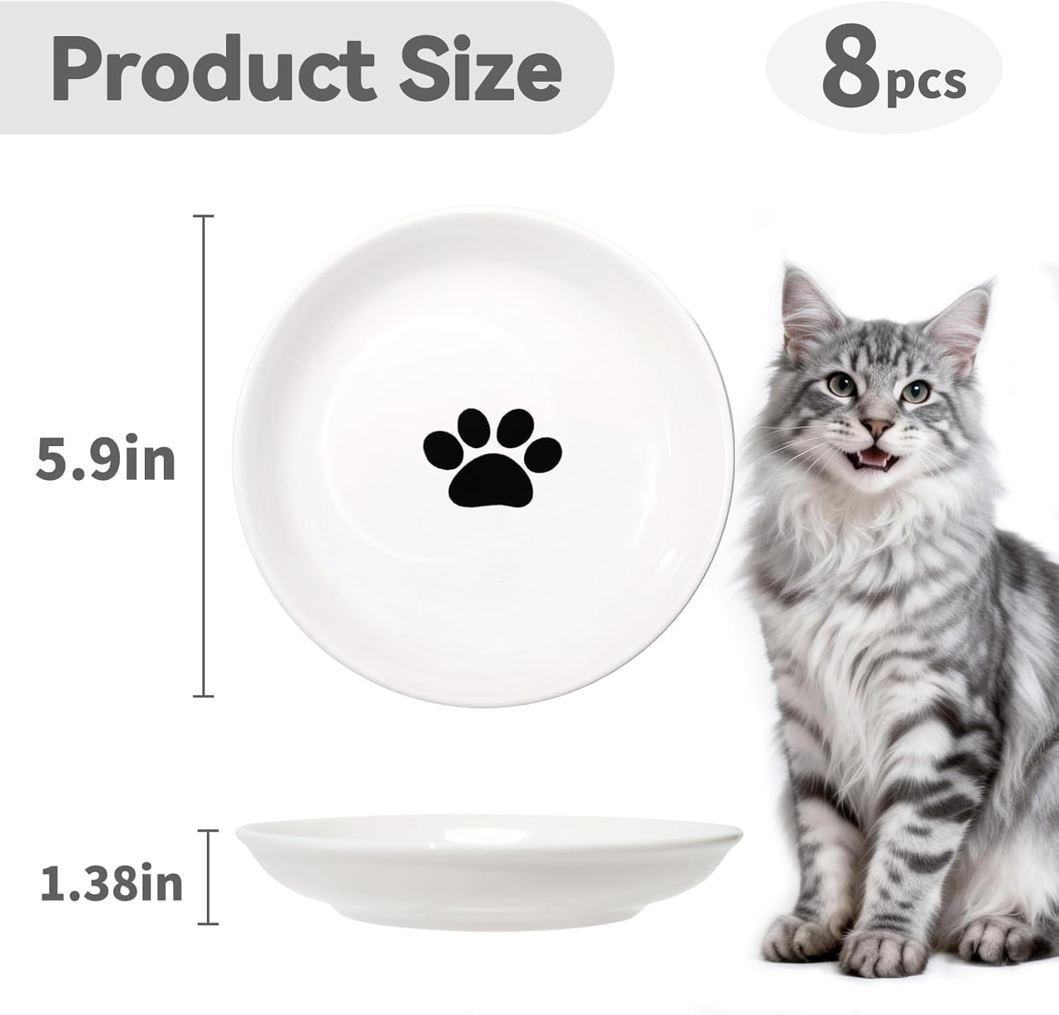 [8 Pack] Ceramic Cat Food Bowl, Cute Cat Bowls Whisker-Friendly, 5.9" Shallow Wide Kitten Plates, Easy to Clean Indoor Feeding Dishes