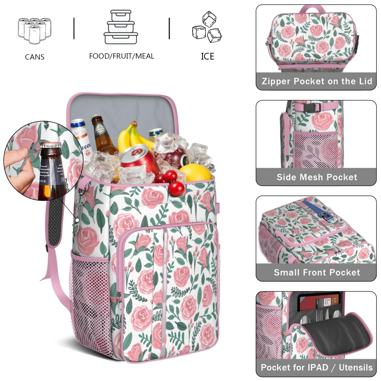 Travel Cooler Bag - Pioneer Flower Floral Print Pattern Camping Beer Cooler Backpack with Bottle Opener- Waterproof Insulated Picnic Backpacks - Cooler Bag for Beach