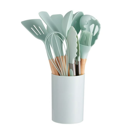 12-Piece Kitchen Cooking Utensils Set with Holder, Silicone Kitchen Tools Include Spatula Tong Slotted Spoon Turner Whisk Brush, Wooden Handle Kitchen Gadgets for Nonstick Cookware-Light Green