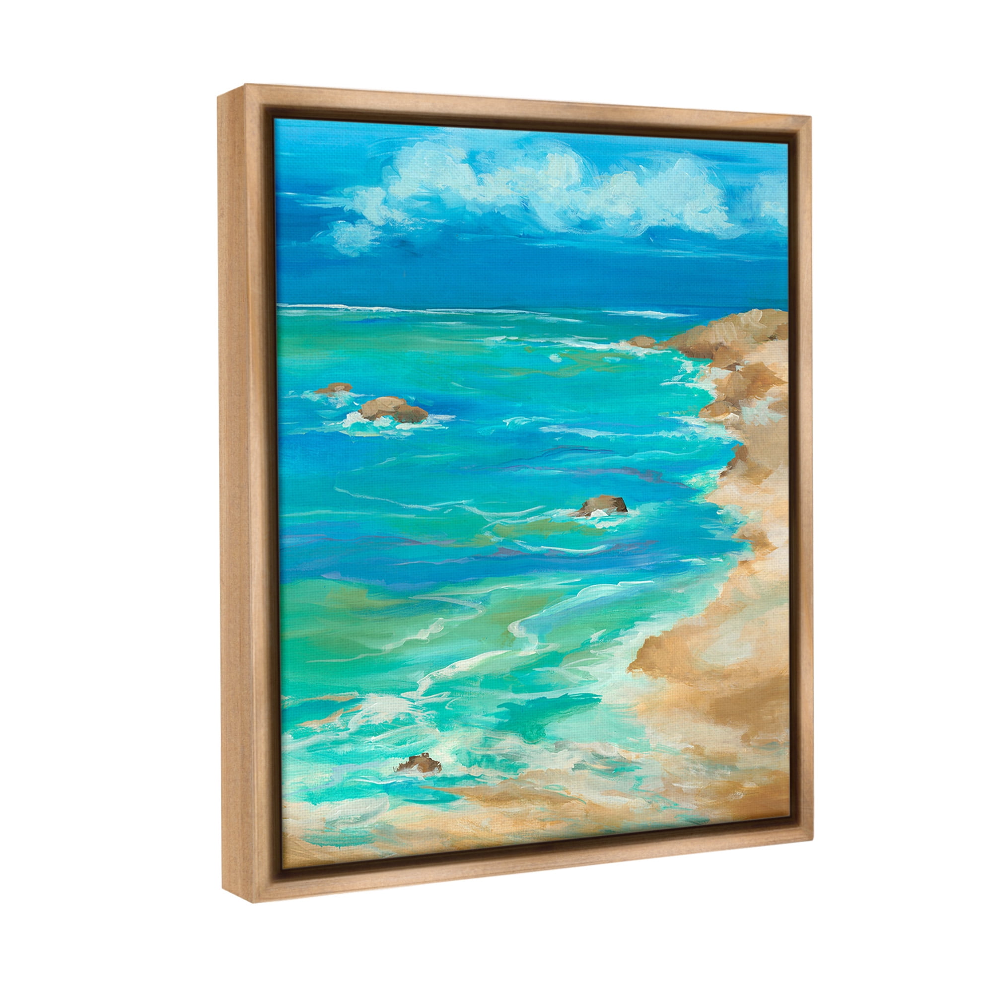 Stupell Industries Vivid Rocky Beach Cove Landscape Painting Brown Floater Framed Canvas Art Print Wall Art, 25 x 31