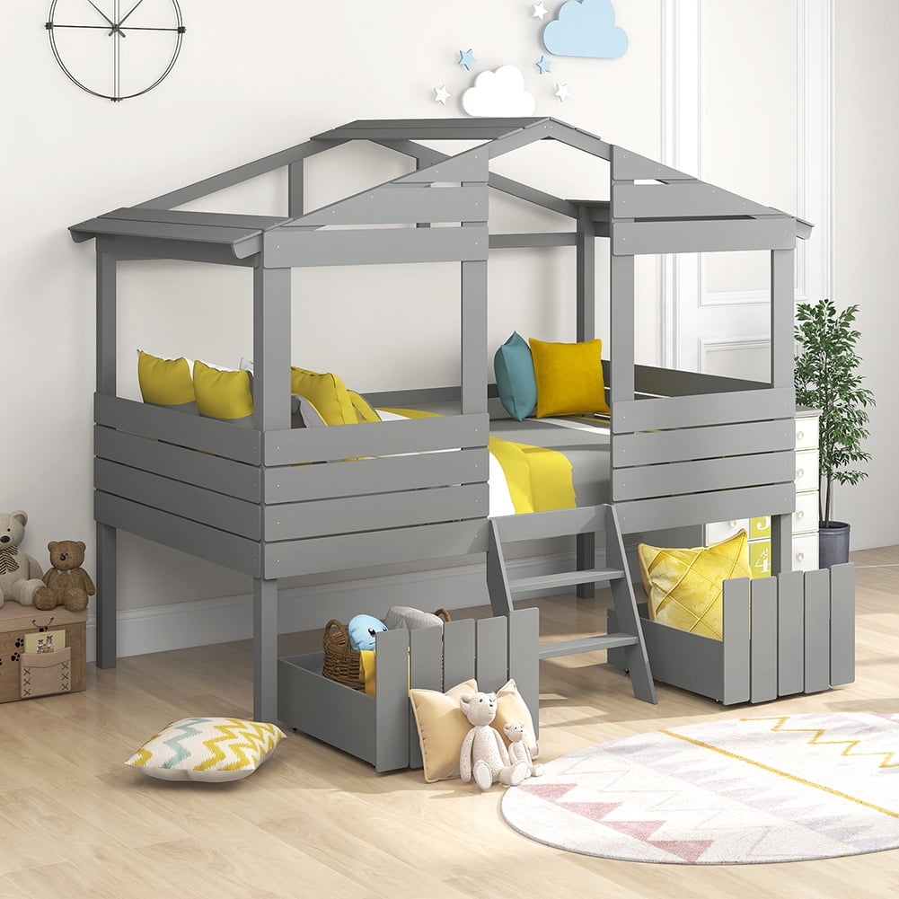 Kadyn kids Bunk Loft Bed with Two Drawers, Windows and Roof Design, Gray Kadyn kids Bunk Loft Bed with Two Drawers, Windows and Roof Design, Gray