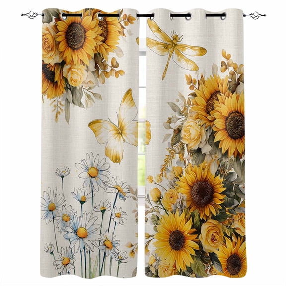 Farmhouse Sunflower Black Out Curtains 72 Inch Long, Light Blocking Drapes with Black Liner, Vintage Daisy Butterflies Rustic Burlap Thermal Blackout Curtains for Bedroom Living Room 52"x72" 2 Panels