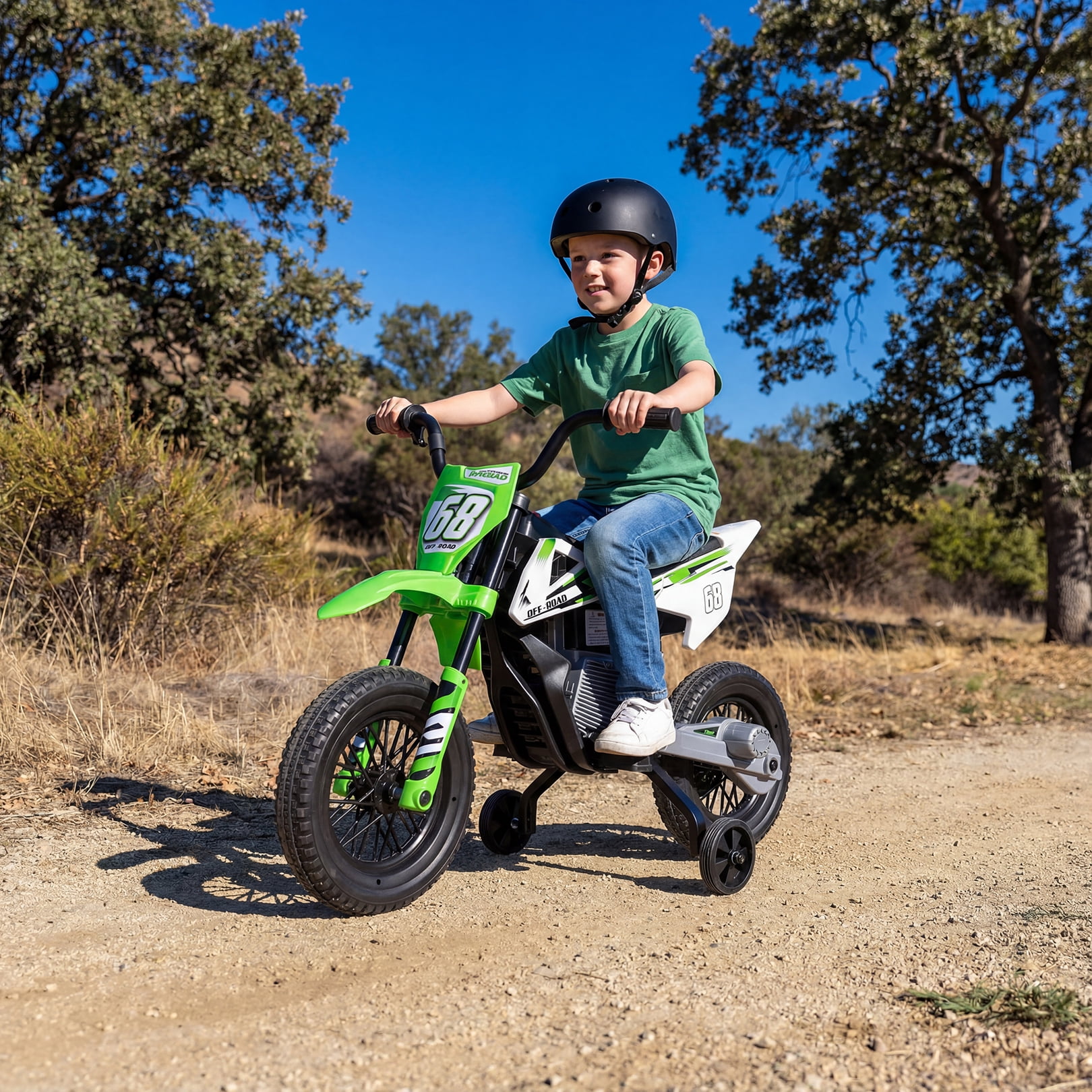 Funcid 12V Electric Dirt Bike with Twist Grip Throttle, Ride on Motorcycle with 2 Training Wheels, Suitable for Ages 3-8, Bluetooth, MP3, Dual Motors, Spring Suspension