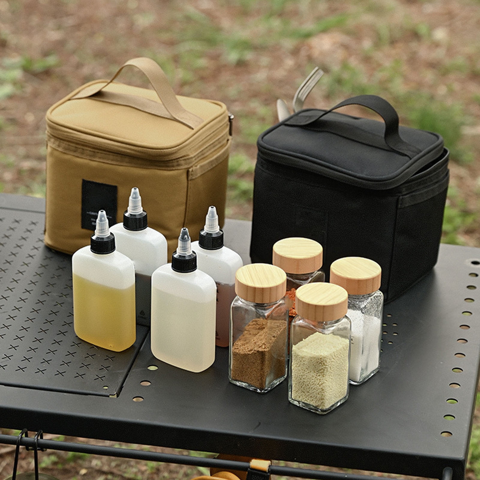 Portable Spice Bag Outdoor Spice Container Carry Bag Seasoning Bottle Holder Bag with Removable Inner for Backpacking Camping BBQ Hiking 6.3 X 6.3 X