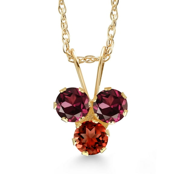 Gem Stone King 14K Yellow Gold Red Rhodolite Garnet and Red Garnet 3-Stone Pendant Necklace for Women (0.39 Cttw, Gemstone January Birthstone, Round 3MM, 18 inch Chain)