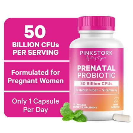 Pink Stork Prenatal Probiotics for Women with Vitamin B6 and Prebiotics- Mint Scented- 30 Capsules