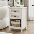 thumbnail image 3 of Royalcraft Farmhouse Nightstand, Boho Bedside Table with 2 Rattan Decor Drawers, Accent End Table with Open Storage Shelf, Wood Bedside Unit for Bedroom, Living Room, Home Office, Grayish White, 3 of 7