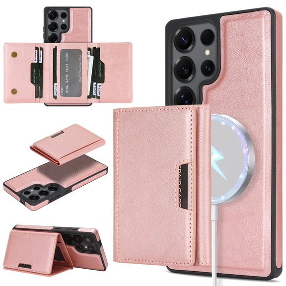 Designed for Samsung Galaxy S26 Ultra Wallet Case,2-in-1 Magnetic Detachable Card Holder,Compatible with Mag-safe,With Kickstand,PU Leather Anti-Scratch Shockproof Rugged Phone Case,Rosegold