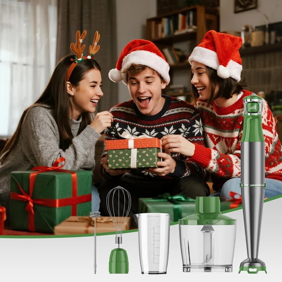 Immersion Blender Handheld Corded Hand Blenders Set 1100W, Variable Speed 5 in 1 Stick Emulsifier with Chopper, Whisk and Frother for Soup, Food and Smoothies, Green
