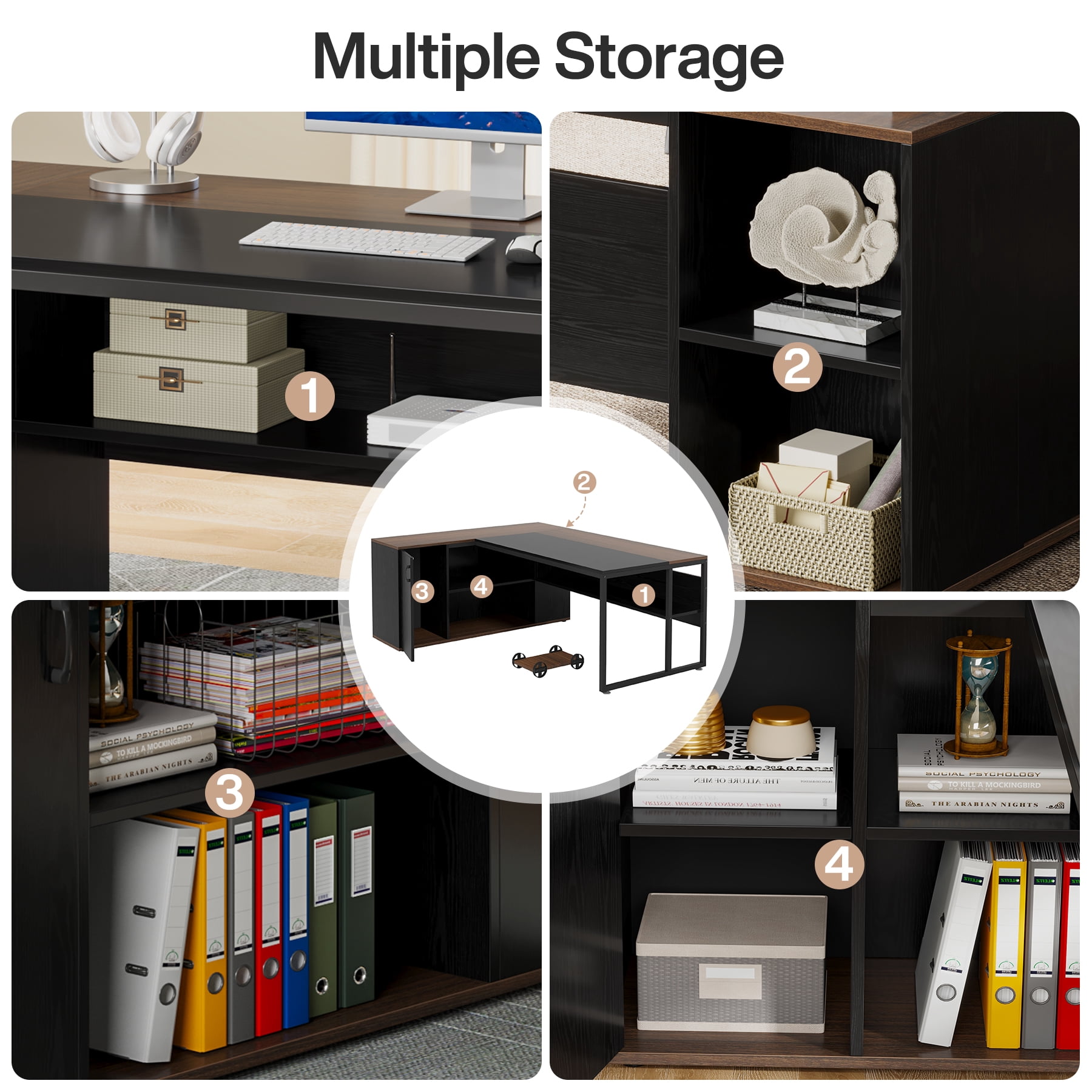 71-Inch L-Shaped Executive Desk, Large Office Desk with Shelves and Cabinet, Brown and Black