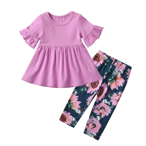 Toddler Baby Girl Clothes Short Sleeve Ruffle Top Floral Pants Summer Outfits Set Purple 12-18 Months