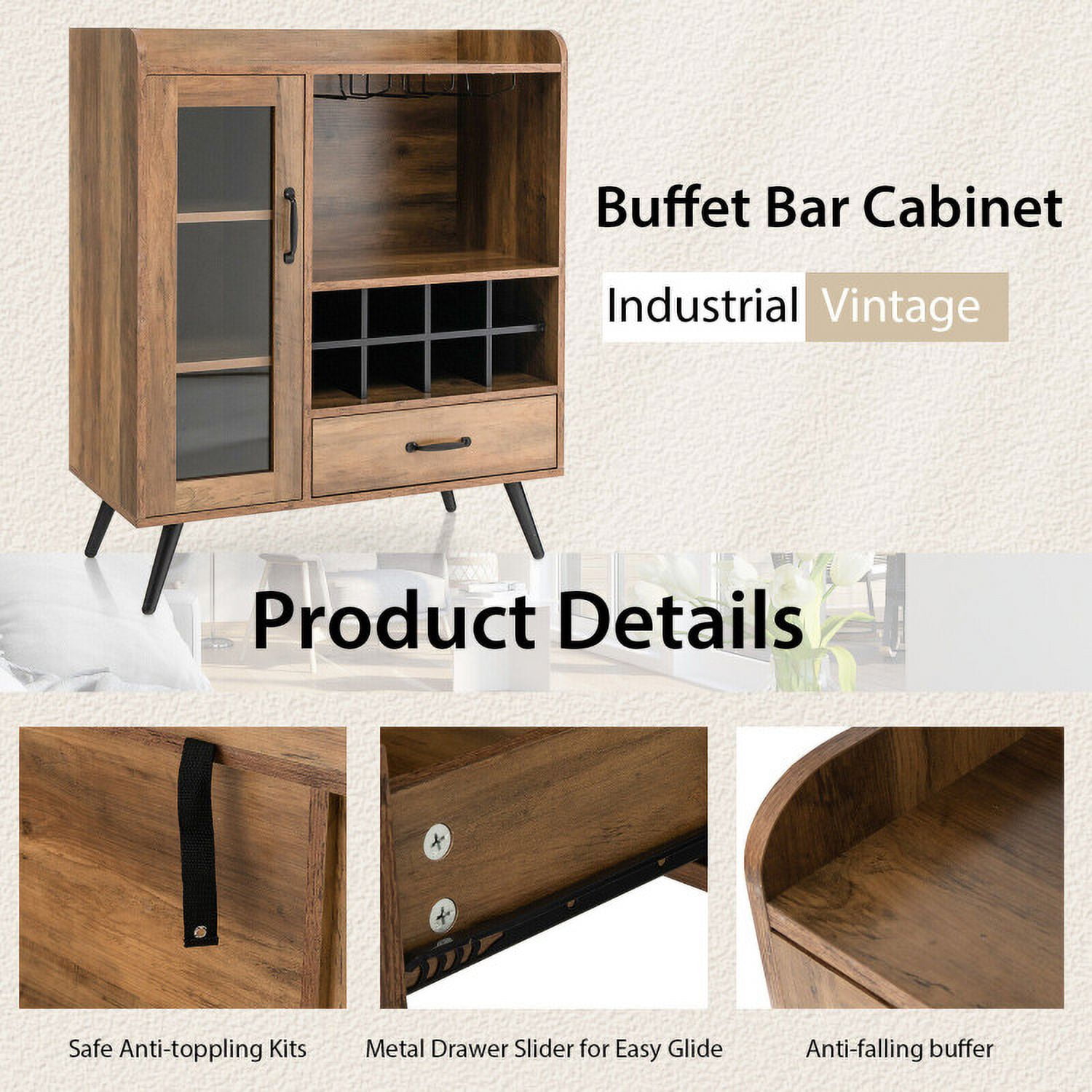 Finihen Kitchen Storage Cabinet, Buffet Sideboard, Buffet Sideboard with Removable Wine Rack and Glass Holder, for Dining Room, Kitchen, Living Room, Rustic Brown Finihen Kitchen Storage Cabinet, Buffet Sideboard, Buffet Sideboard with Removable Wine Rack and Glass Holder, for Dining Room, Kitchen, Living Room, Rustic Brown