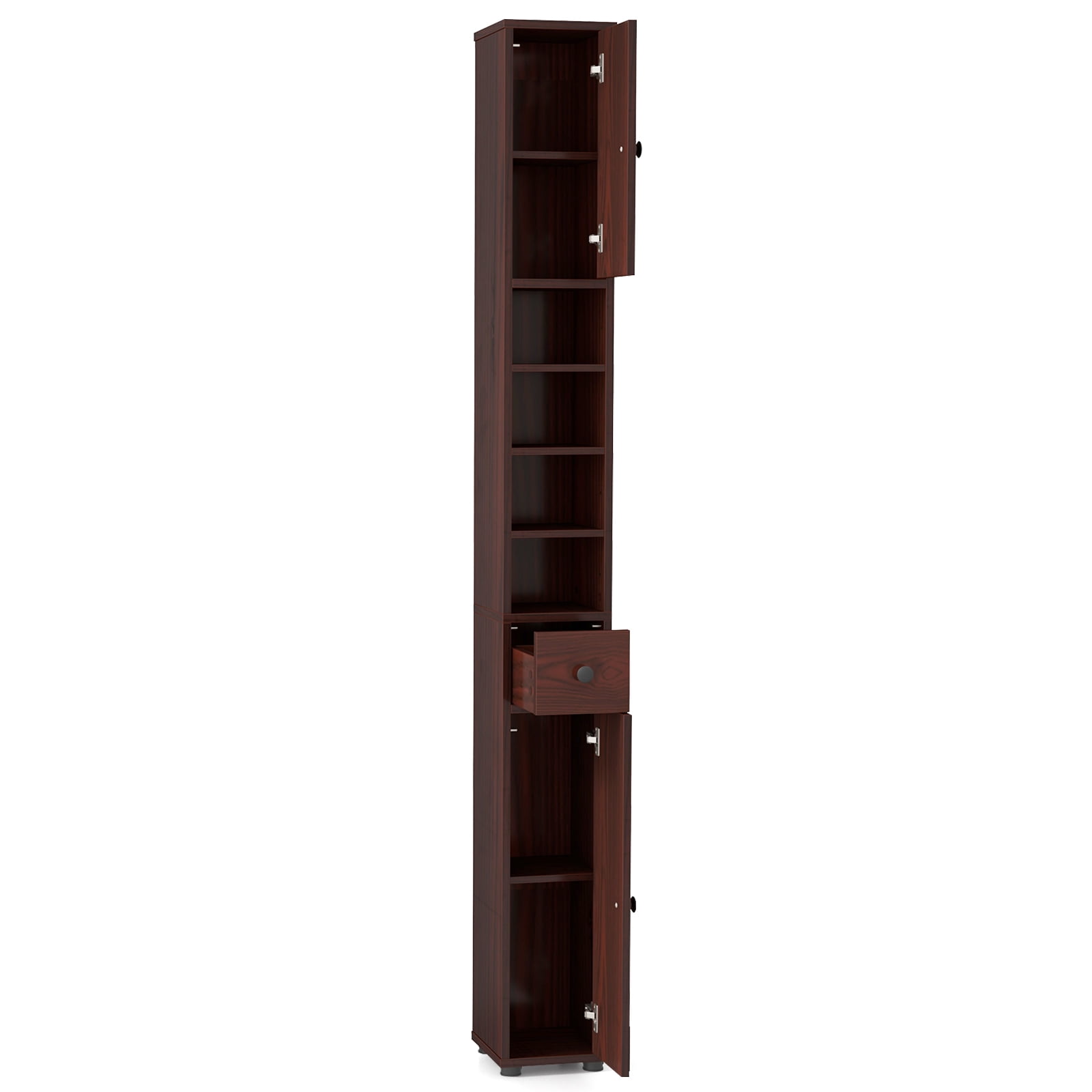 Costway 71" Slim Bathroom Storage Cabinet with 2 Doors 5 Adjustable Shelves 1 Drawer Brown