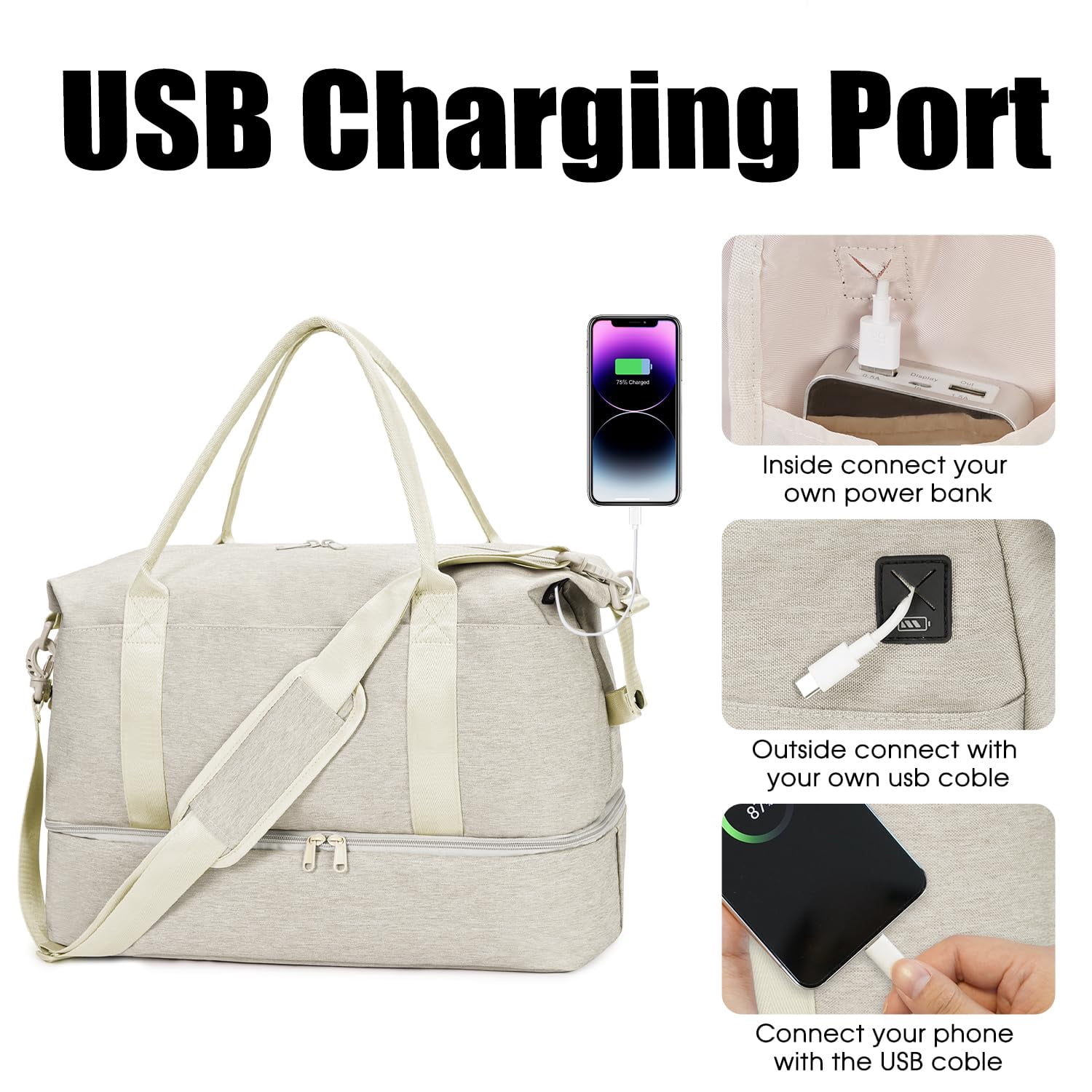 SportsNew Business Travel Bag with  Shoe Compartment  and Wet Pocket ,TSA Carry on Personal Item Bag  18x14x8 , Laptop Bag with USB Charging Port, Gym Tote Bag with Strip for Women(Beige Bag)
