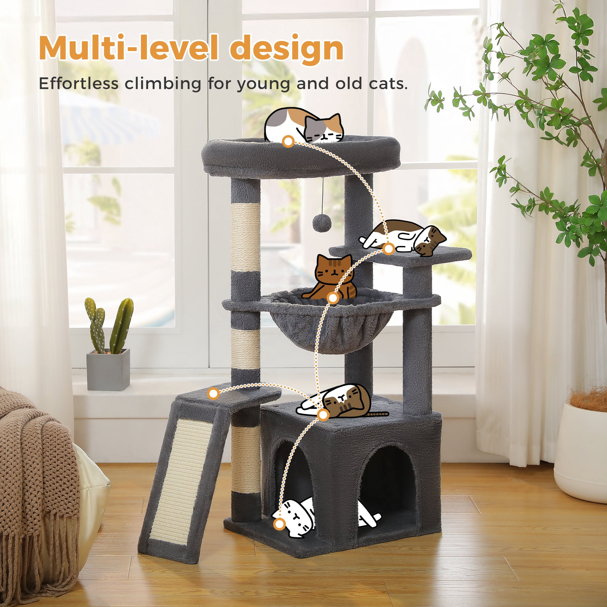 PAWZ Road 36" Cat Tree for Indoor Cats with Cat Condo Scratch Posts Cozy Hammock and Scratch Ladder, Dark Gray