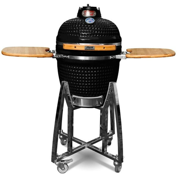 London Sunshine Ceramic Kamado Charcoal BBQ Grill - Black 18 Inch with Stainless Steel Stand and Double Side Board-Black