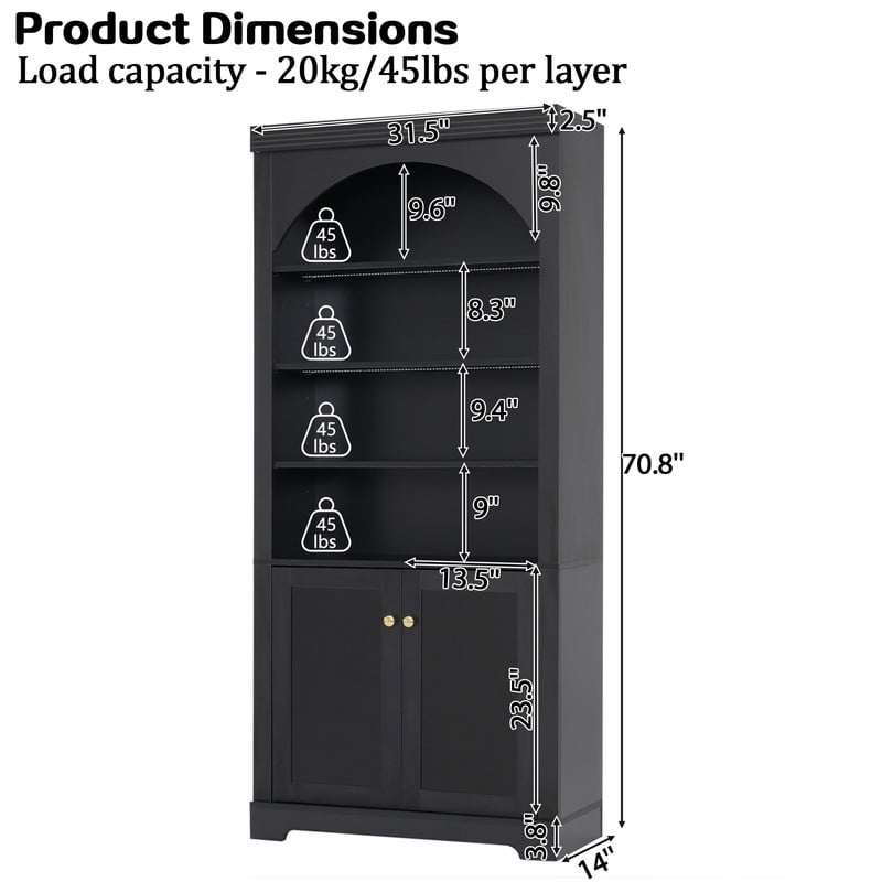 2-Door Wooden Display Bookshelf Office Hutch, Bookcase with 4-Layer LED Lighting Shelves, Storage Cabinet with Adjustable Shelf