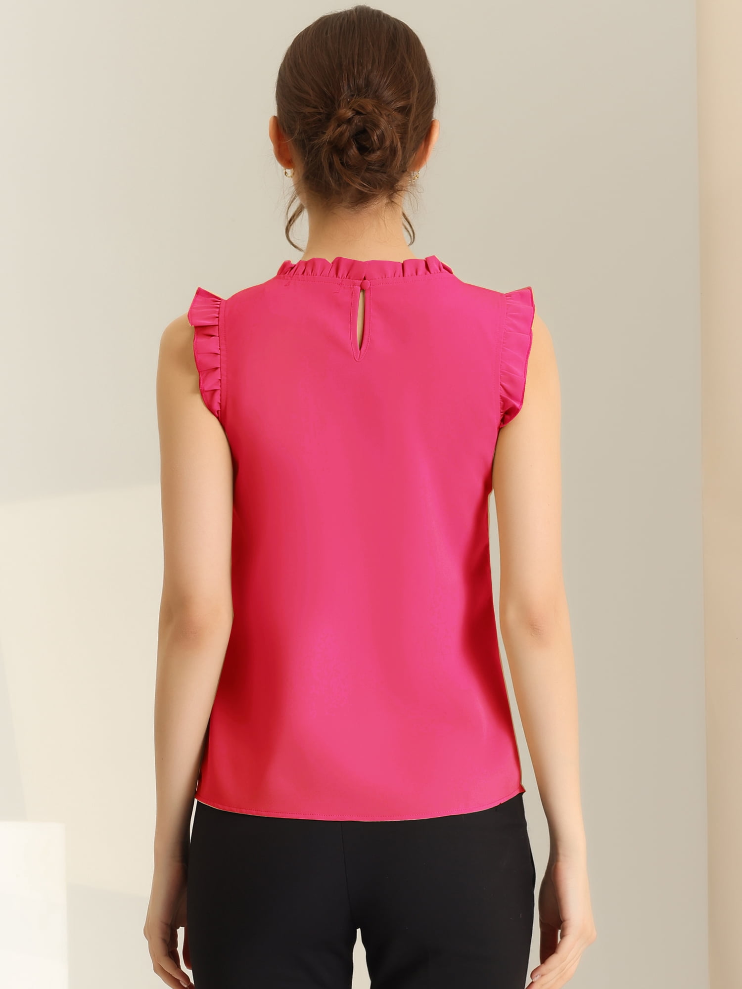 DARING DIVA Women's Ruffled Trim Pleated Plain Blouse Top XL Hot Pink