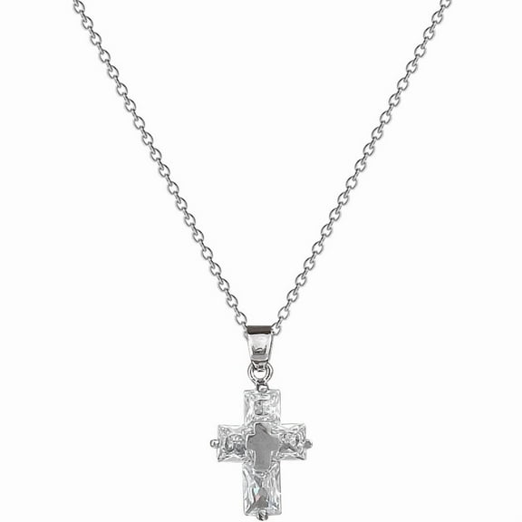 Sterling Silver Cross Pendant Necklace with Cubic Zirconia Stones, 18 inches Chain Jewelry