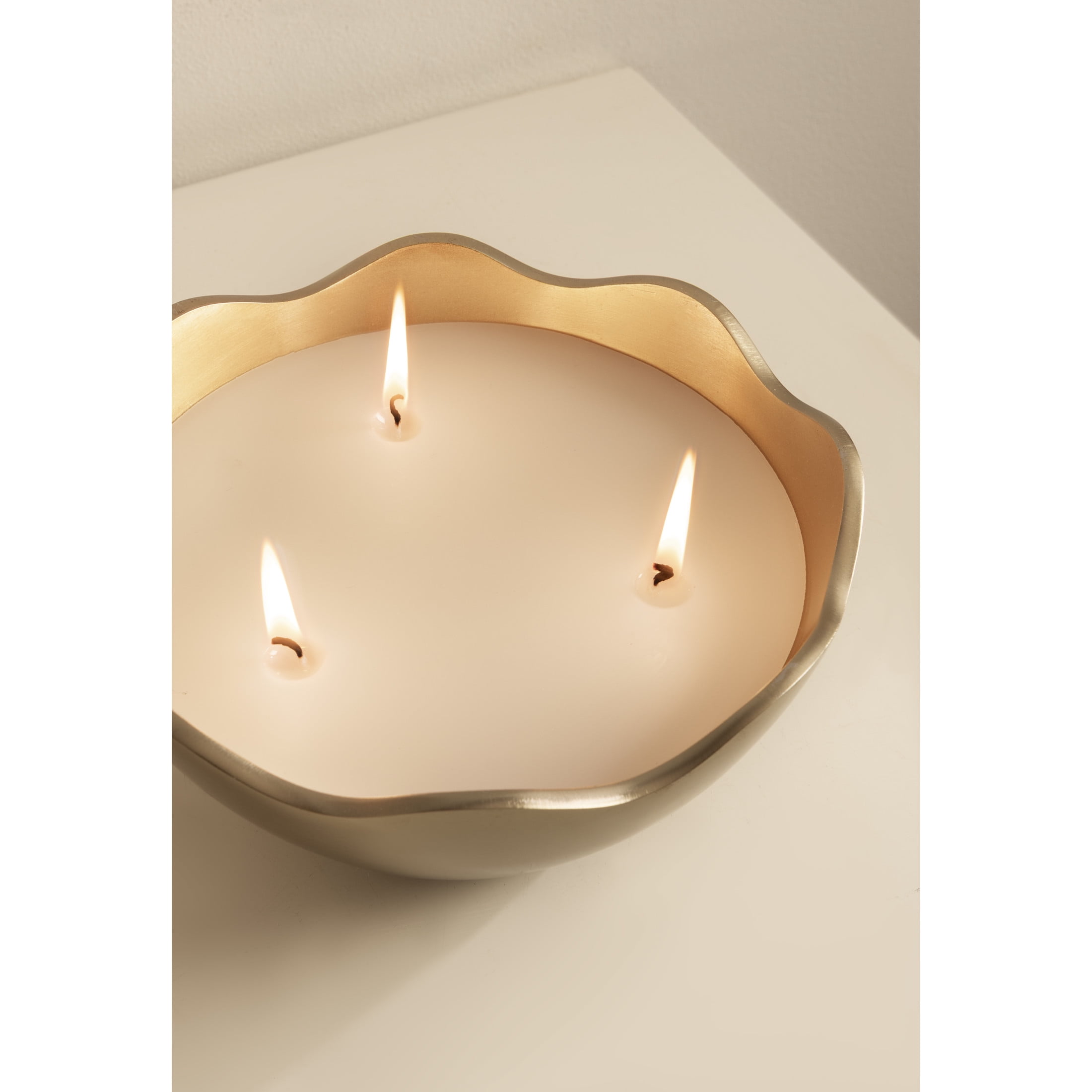 Kate and Laurel Alessia Scalloped Round Metal Candle Bowl, 8 Inch Diameter, Gold, Modern Three-Wick Unscented Candle with Decorative Bowl for Living Room Decor