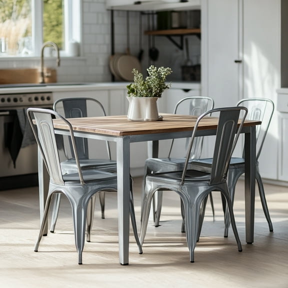 Set of 4 High Gloss Silver Industrial Metal Dining Chairs - 18" Seat Height, Stackable Indoor/Outdoor, Lightweight & Easy-Clean, Durable Modern Design for Kitchen, Cafe, Bar