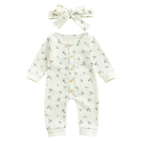 

Frobukio Newborn Infant Baby Girl 2Pcs Autumn Romper Long Sleeve Jumpsuit Headband Clothes White 3-6 Months