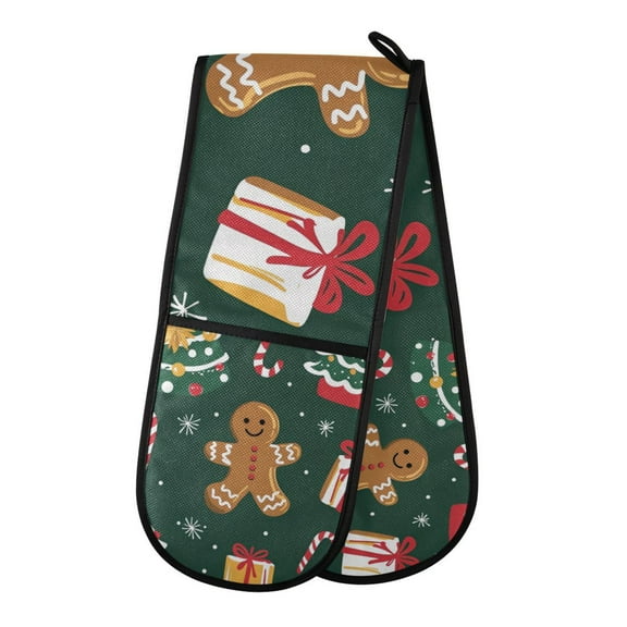 Yayeee Double Oven Mitt Kitchen Heat Resistant Baking 35" x7" Quilted Glove, Green Christmas Gingerbread