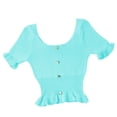 thumbnail image 4 of Camiseta de punto para mujer, manga corta, cuello cuadrado, corte ajustado, botón superior, azul kenally  AP001523-05B, 4 of 7