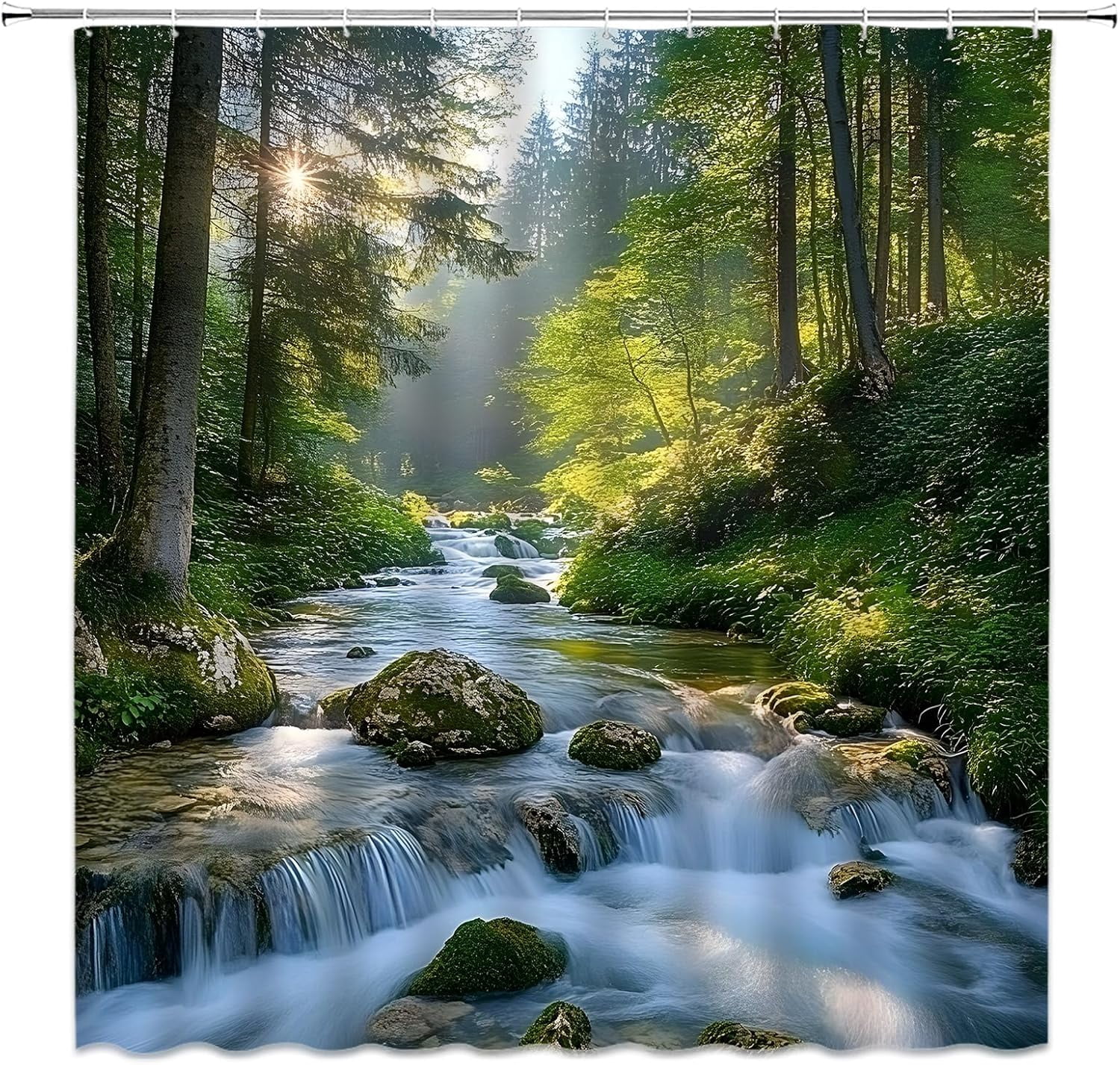 Forest Shower Curtain Nature Jungle Forest Waterfall Green Tree River Tropical Rainforest Scenery Fabric Bathroom Decor Set with Hooks-72"W x 72"L (Pack of 1)