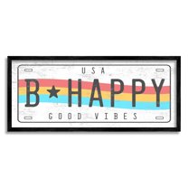 Stupell Industries B Happy Rainbow License Plate Good Vibes Sentiment Novelty Painting Black Framed Art Print Wall Art, 13 x 30, Design by Daphne Polselli