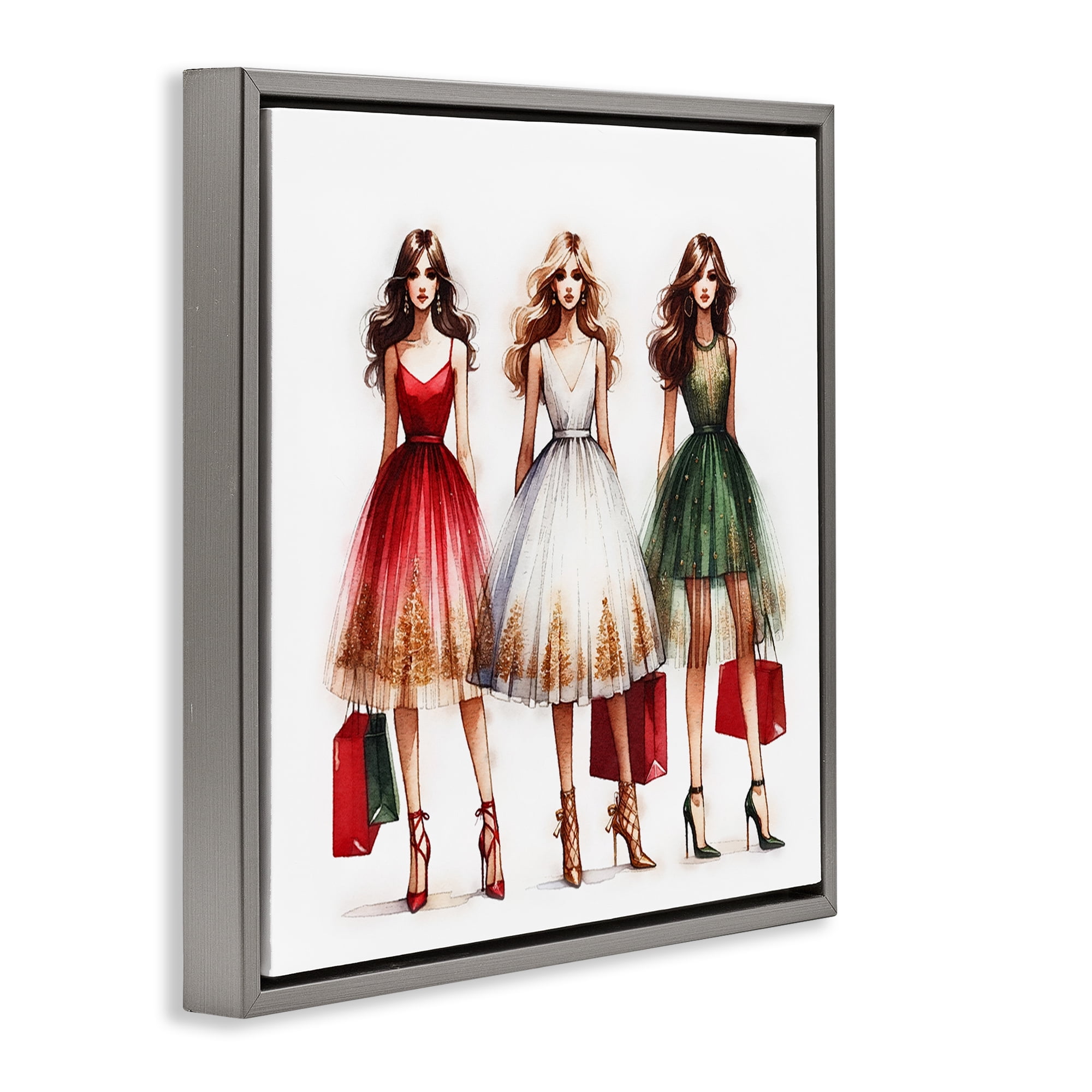 Stupell Industries Trendy Christmas Girls Holiday Painting Gray Floater Framed Canvas Art Prints Wall Art, 18 x 18
