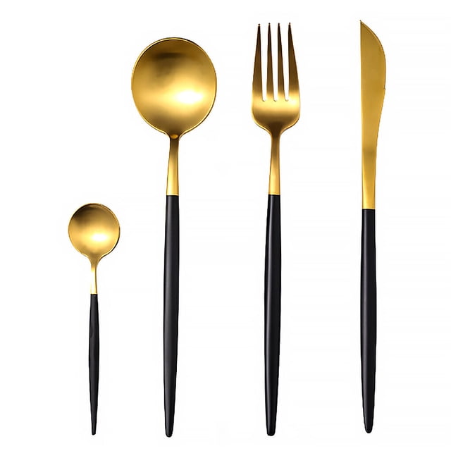 4Pcs Stainless Steel Flatware Set Fork Spoons Coffee Spoon Kitchen Tableware for Home Hotel Restaurant, Black + Golden