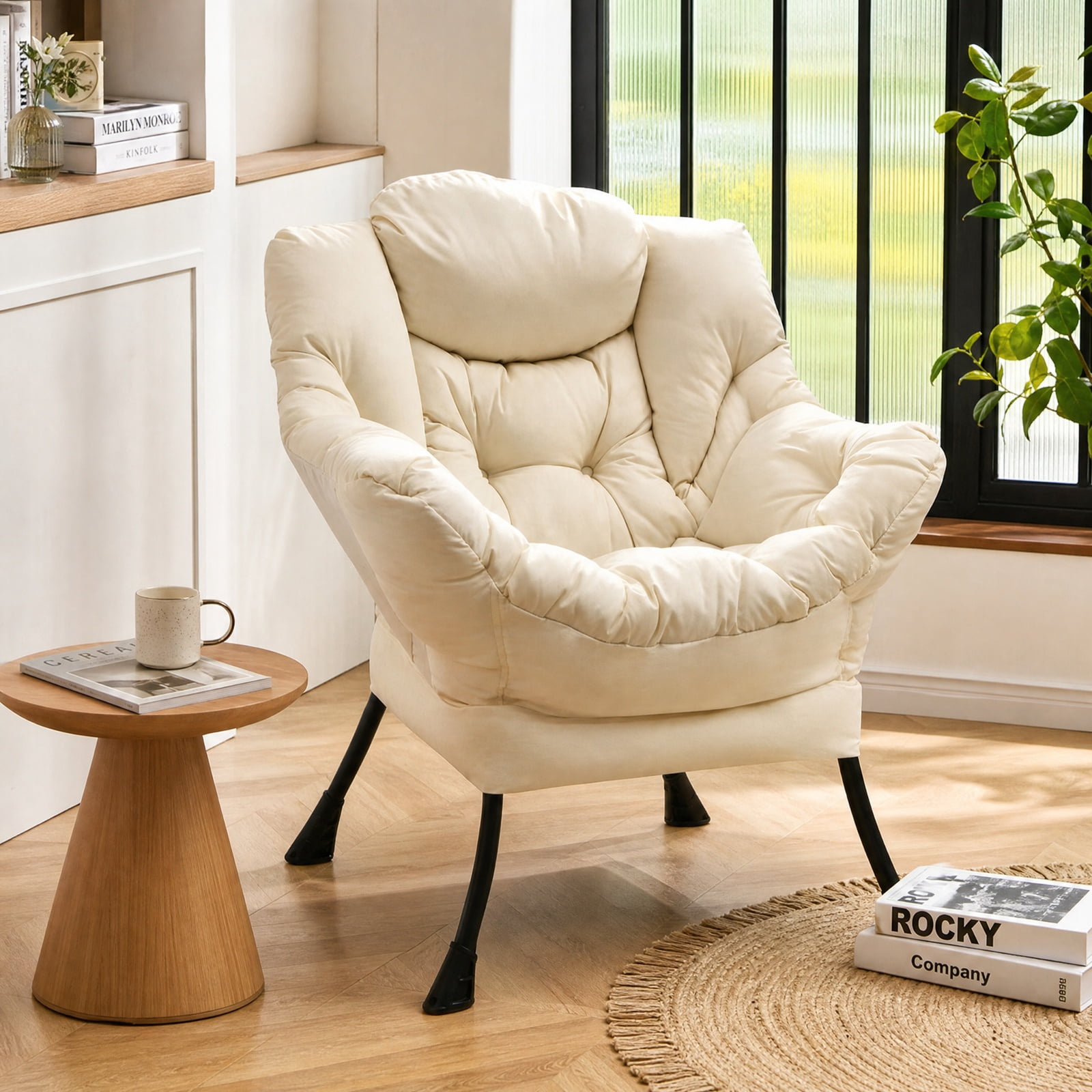 Furnibear Modern Polyester Fabric Lazy Chair with Integrated Headrest Deep Seat Side Pocket and Rust-Resistant Steel Frame for Living Room, Beige