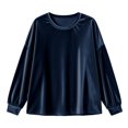 thumbnail image 5 of thefmos Women's Round Neck Velvet Pullover Top Long Sleeve Solid Color Casual Loose Fit Sweatshirt Trendy Fall Winter Outfit, Navy L, 5 of 6