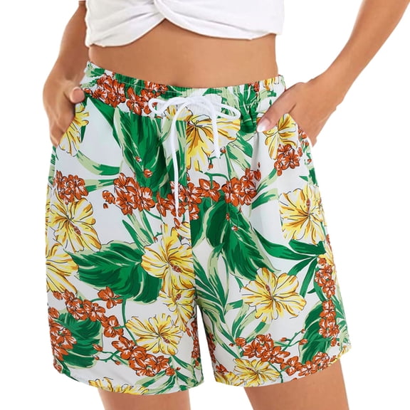 Women's High Waisted Baggy Shorts Summer Comfy Beach Elastic Waist Floral Print Casual Summer Jean Shorts with Pockets S-3XL
