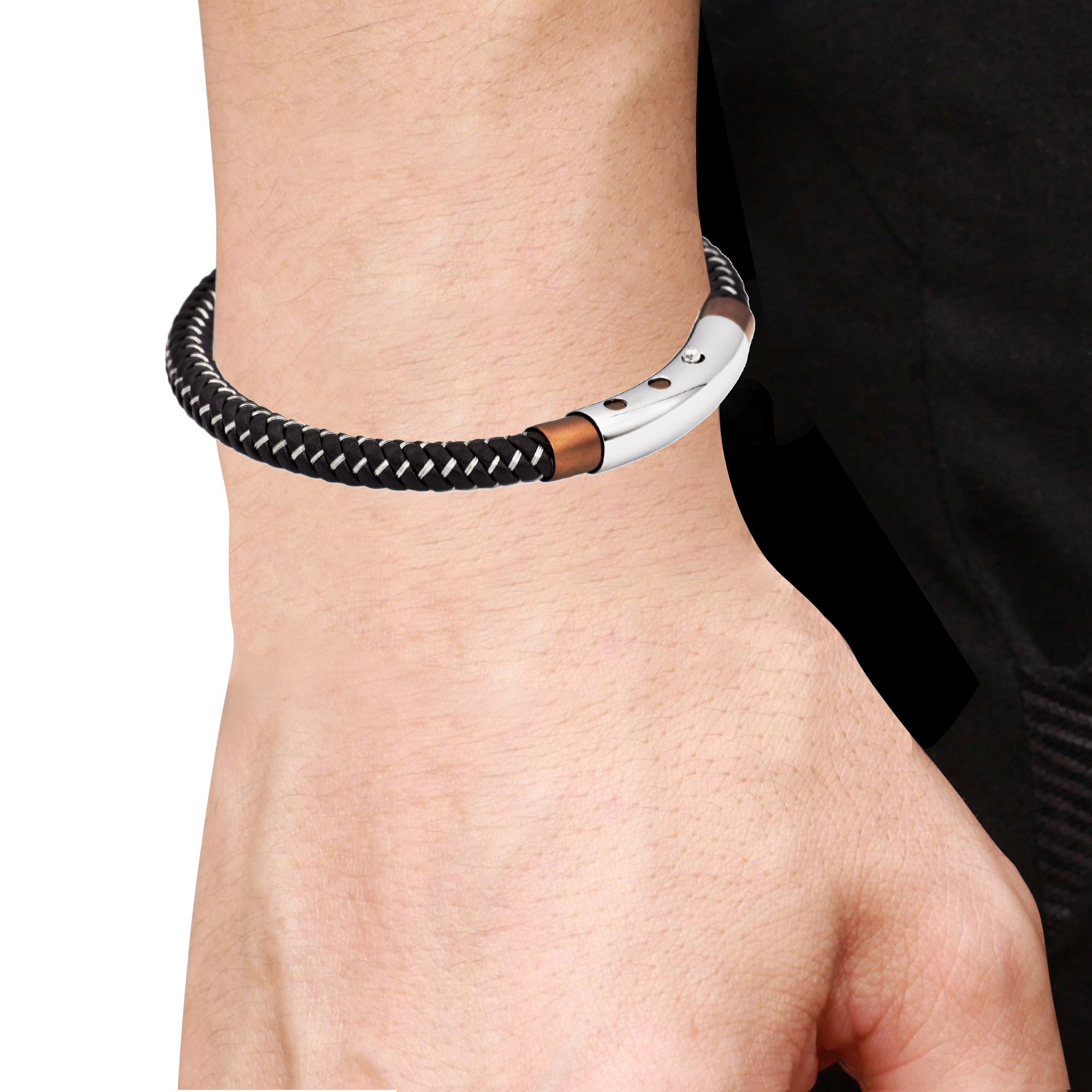 Arista Men's Bracelet in Brown Leather and Chocolate Plated Stainless Steel, 8.5"