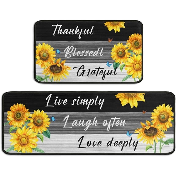 Sunflower Kitchen Decor Rugs Set 2 Piece, Farmhouse Style Home Indoor Kitchen Rugs and Mats Non Skid Washable 17x47 17x30 Inches