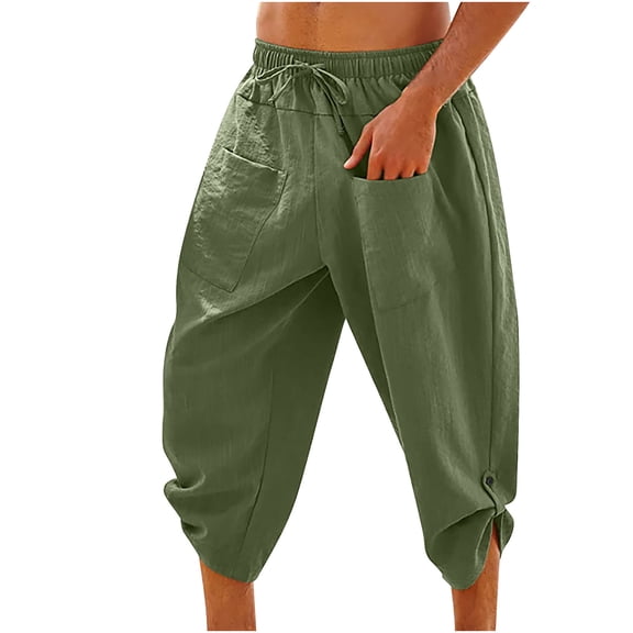 Ohufall Mens Pants Sale! Men Solid Casual Elastic Waistband Pocket Cotton Linen Panel Trousers Pants