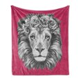 thumbnail image 1 of Lion Soft Flannel Fleece Throw Blanket, Portrait of an Exotic Safari Animal with a Floral Head Wreath, Cozy Plush for Indoor and Outdoor Use, 70" x 90", Magenta Grey and White, by Ambesonne, 1 of 6