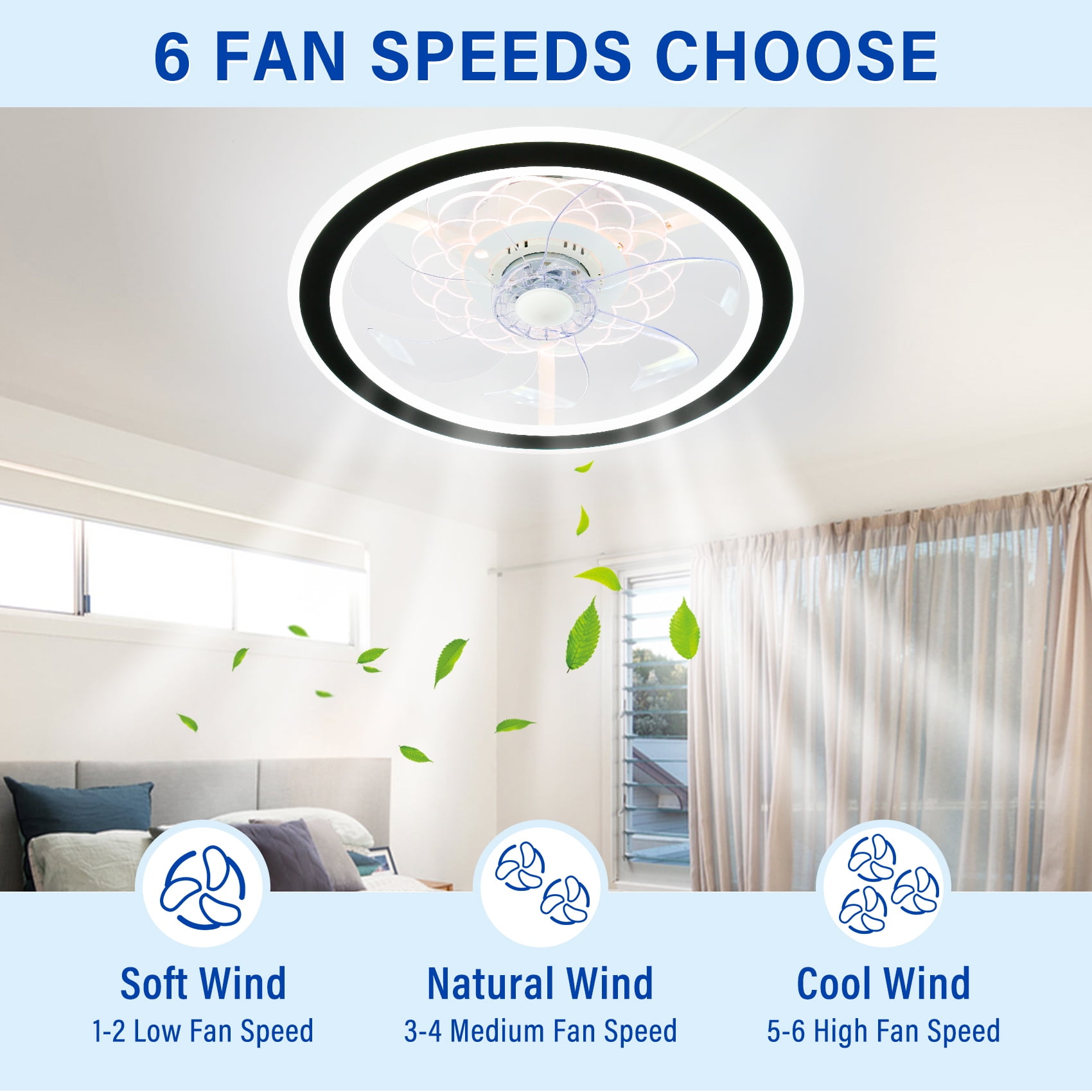 TCFUNDY 18" LED Ceiling Fan Light Kit, Low Profile Ceiling Fan with Light, Modern Style Chandelier, Remote & App Control, White