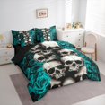 thumbnail image 3 of Manfei Spooky Halloween Skull 7 Pieces Bedding Comforter Set,Gothic Skeleton Full Bedding Set,Cyan Flower Floral Fitted Sheet Flat Sheet For Boys Girl,Microfiber Bedroom Decor Reversible, 3 of 8