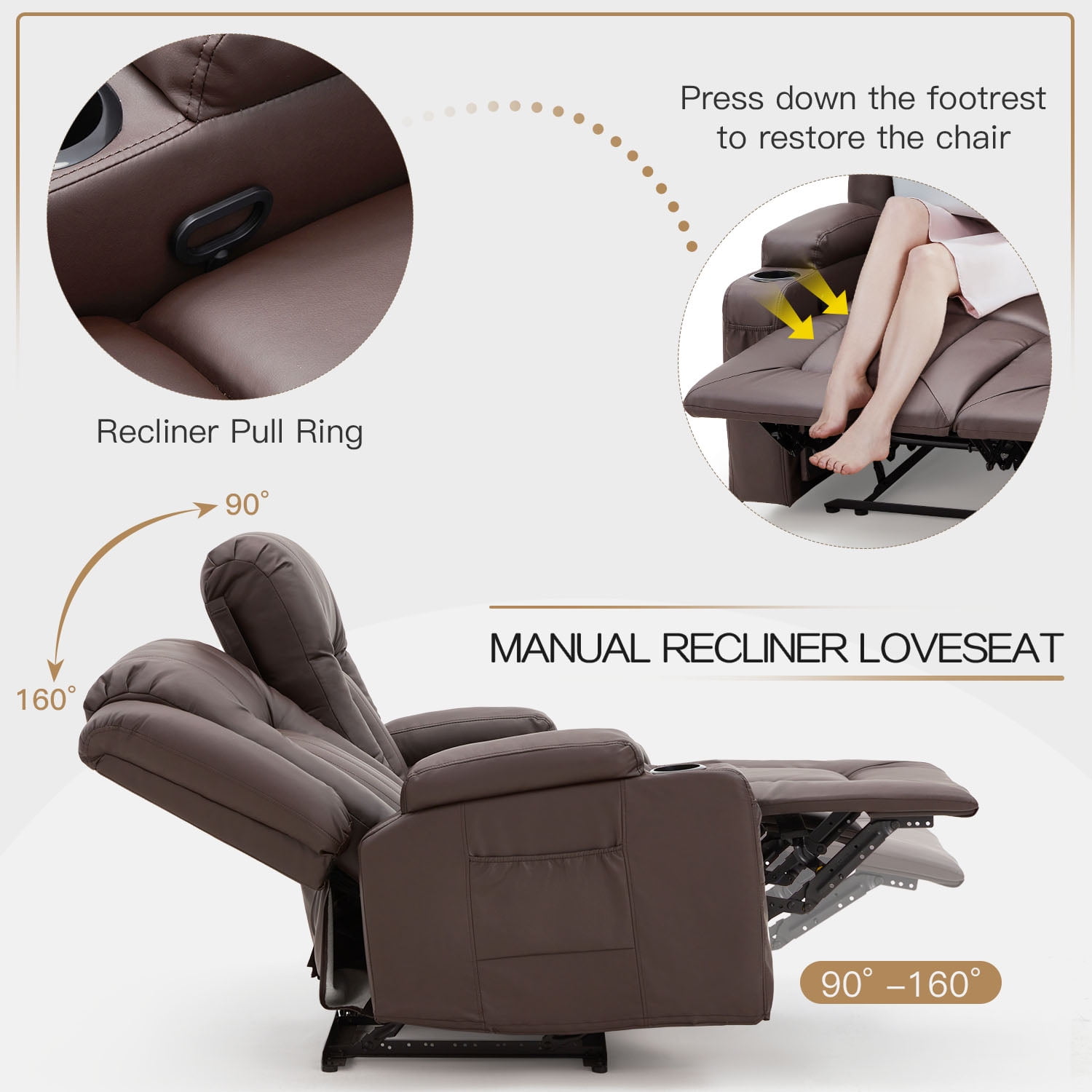 AECOJOY Manual Reclining Loveseat with Cup Holders&Side Pockets, PU Leather Double Recliner Loveseat  Home Theater Seating-Brown