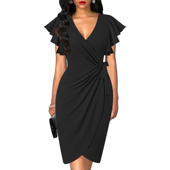 Women's Deep V Neck Ruffle Sleeve Sheath Casual Formal Party Work Faux Wrap Dress