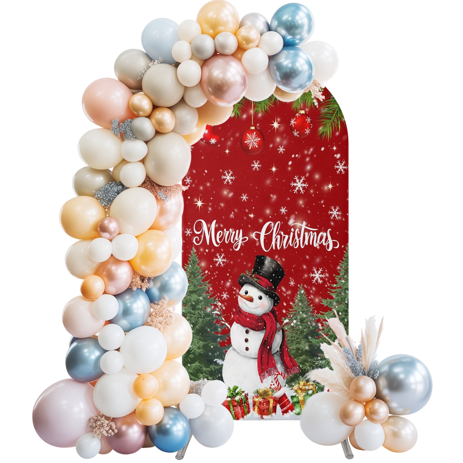 Arch Backdrop Cover 7.2FT Merry Christmas Snowman Green Pine Tree Stretch Spandex Arch Stand Cover Winter Snowflakes Red Round Top Chiara Backdrop Stand Covers for Wedding Birthday Party Banquet