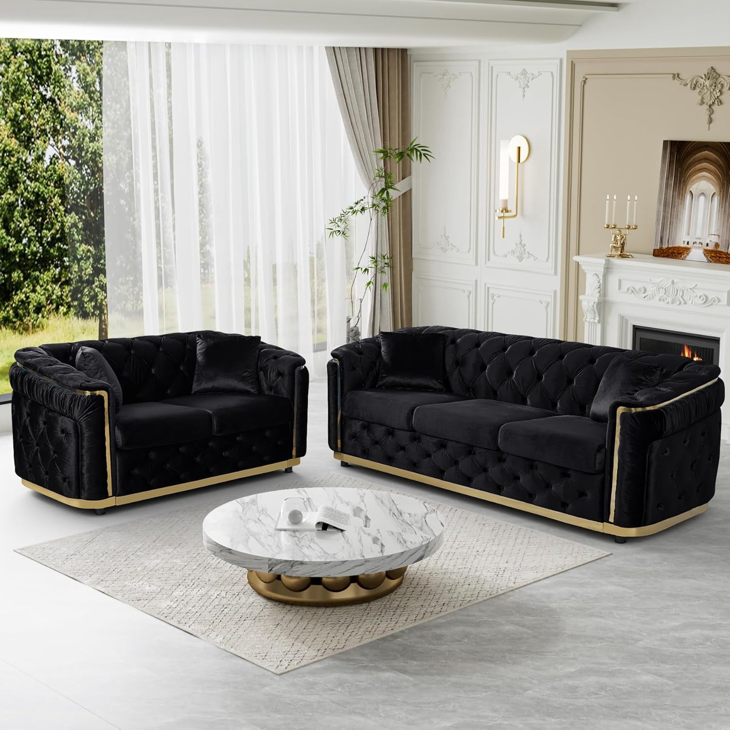 Wiilayok 84.6" Velvet Button Tufted Sofa,Mid-Century Classic Chesterfield Sofa Couch with Thick Backrest&Armrest,Gold Steel Accents,3 Seat Sofa Couches for Living Room,Black