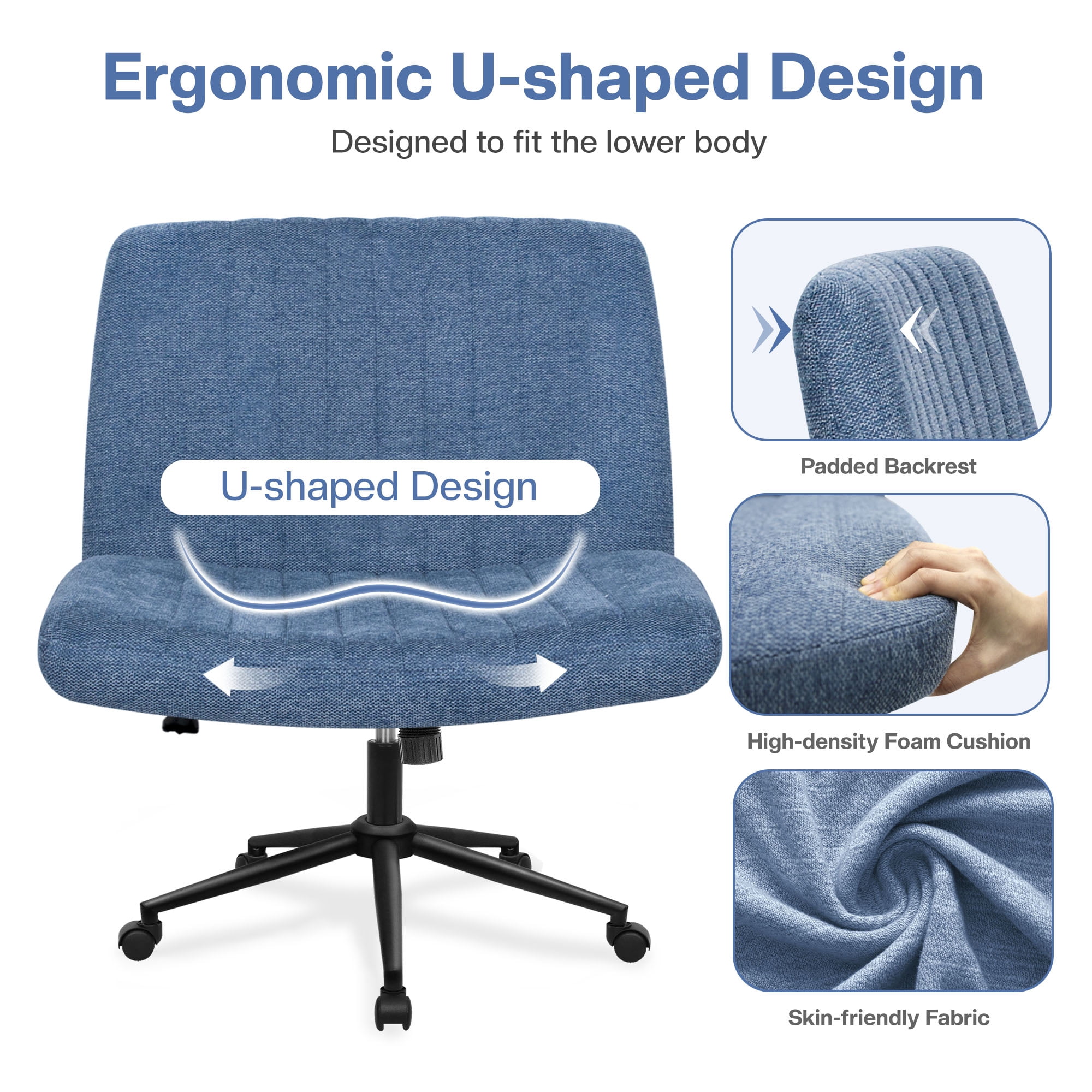 Celtoss Criss Cross Home Office Chair, Armless Swivel Task Computer Chair No Wheels, in Fabric, Vanity Style, Blue