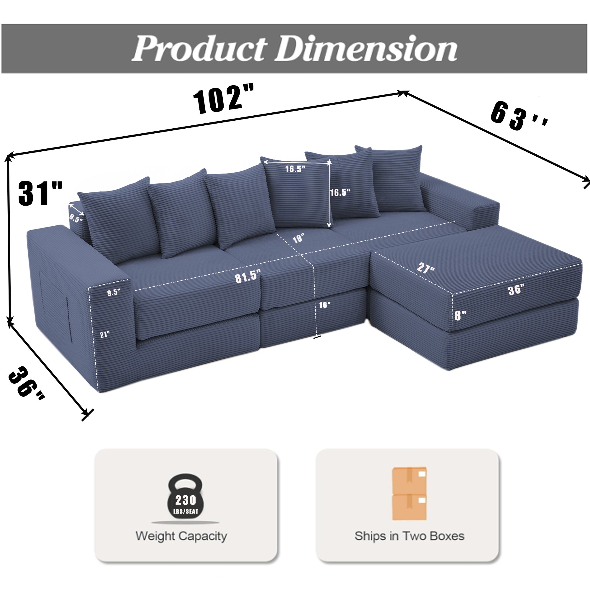 Leumius Convertible Sectional Sofa,Corner Couch,Convertible Floor Sleeper Sofa,10-in-1 Corduroy Modular Sofa,Free Combination Sofa,No Assembly,6 Pillows,Blue